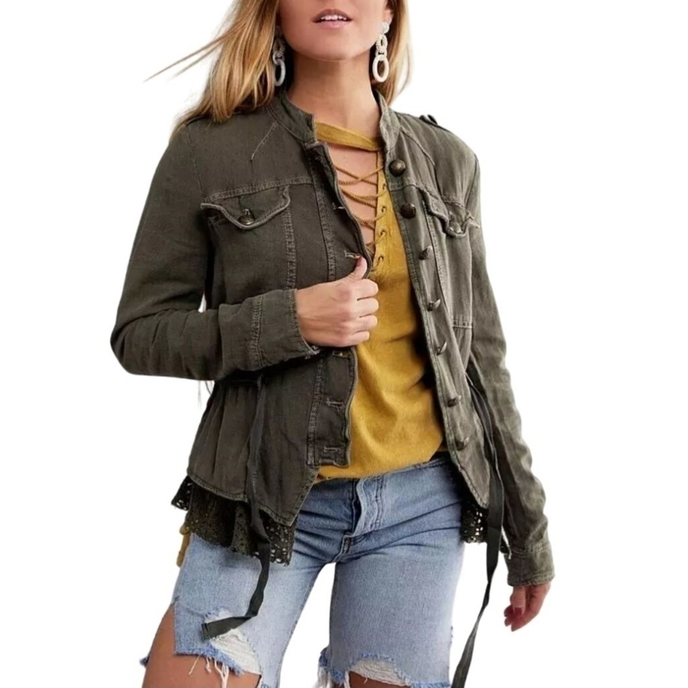 Free People Emelia Military Linen Blend Jacket Bitter Olive Size XS